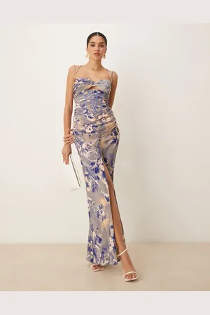 ASOS Vestido largo azul con cuerpo estilo corsé fruncido, volantes en la falda y detalle de tiras de -Multicolor