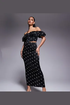 Kaiia Falda larga negra ajustada con estampado de lunares de satén exclusiva de (parte de un conjunto)-Multicolor