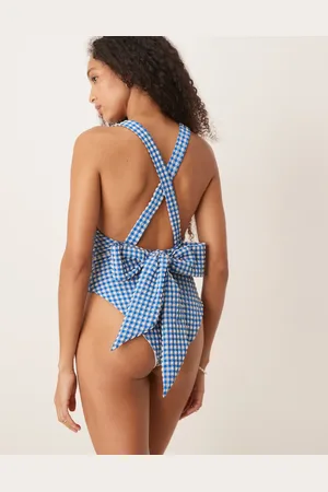 ASOS Bañador azul a cuadros vichy con cuello ancho y detalle de lazo grande en la espalda de sirsaca de
