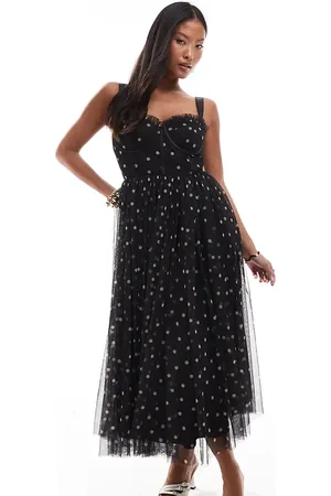 Lace & Beads Vestido midi negro con diseño tipo corsé y estampado de lunares de