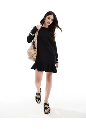 Miss Selfridge Vestido estilo camiseta de manga larga con detalle de volante de popelina de