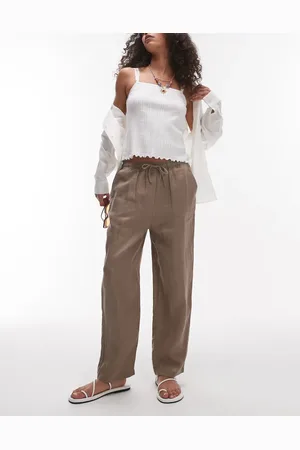 MANGO Pantalones marrones con lazada en la cintura de lino de