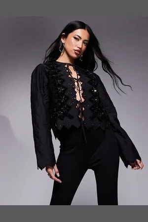 River Island Bata negra bordada de