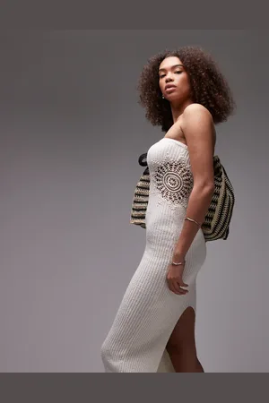 Emory Park Vestido midi color de punto con escote palabra de honor e insertos de croché de -Blanco