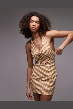 Emory Park Vestido corto color a cuadros vichy con cuello halter de -Marrón
