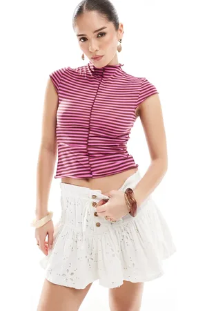 Monki Camiseta a rayas de corte slim de canalé transparente de -Rojo