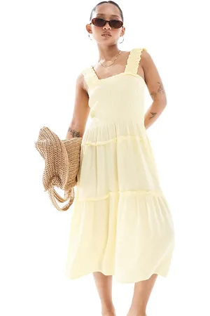 VERO MODA Vestido midi amarillo plátano tenue fruncido de tirantes de