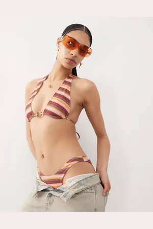 Motel Top de bikini rosa a rayas con detalle de cuentas Cerry de