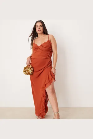 ASOS Vestido largo color óxido drapeado con detalle de tiras y volantes de tejido rugoso de ASOS DESIGN Curve-Rojo