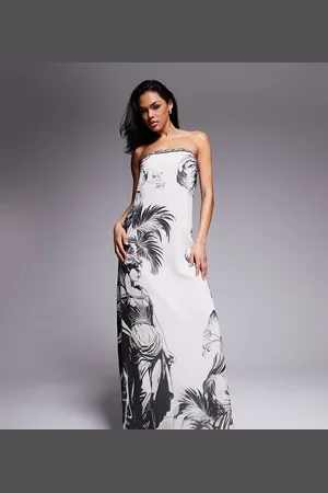Murci Vestido largo negro y blanco de corte trapecio con estampado de palmeras y escote palabra de honor de chifón exclusivo de