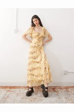 Reclaimed Vestido de tarde largo amarillo pastel con estampado floral y detalle de cordones de