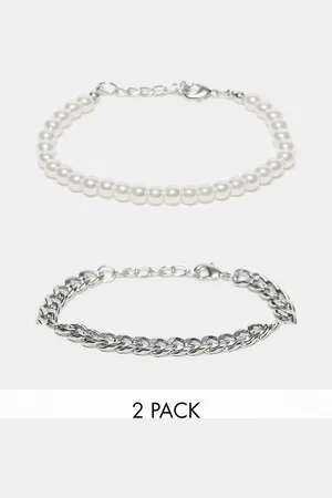 ASOS Pack de 2 pulseras con diseño de cadena fina plateada y de perlas de imitación de 6 mm de