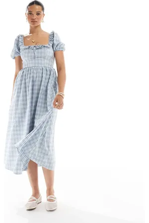 New Look Vestido midi azul a cuadros con detalle de corsé de
