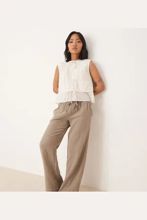 JDY Pantalones marrones de pernera ancha de bambula de