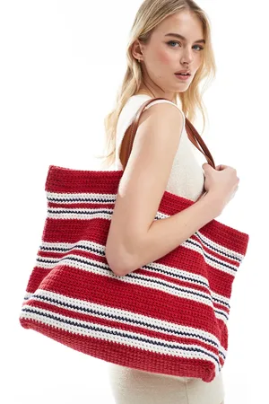 ASOS Bolso tote rojo y azul a rayas de punto de croché artesanal de