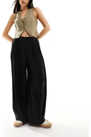 ASOS Pantalones palazzo negros plisados de pernera ancha de mezcla de lino de