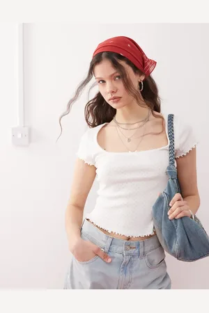 Miss Selfridge Camiseta blanca de pointelle con cuello cuadrado y ribete de encaje de -Multicolor