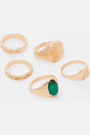 ASOS Pack de 5 anillos dorados tipo sello con piedra verde de