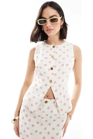 The Frolic Chaleco vaquero color crema abotonado con abertura delantera y estampado de flores rosas exclusivo de (parte de un conjunto)-Multicolor