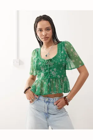 Reclaimed Blusa de tarde verde con estampado floral y solapas de encaje de