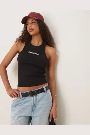Dickies Camiseta negra sin mangas con logo central de canalé de