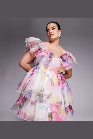 ASOS Vestido corto de corte babydoll con estampado floral desdibujado y volantes de organza de Curve-Multicolor