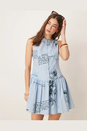 ASOS Vestido corto azul abotonado con estampado floral, cintura baja y cuello barco de -Multicolor