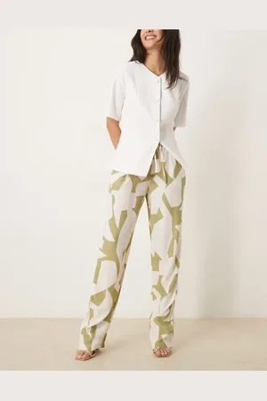 VILA Pantalones verde salvia de pernera ancha y talle alto con estampado geométrico de