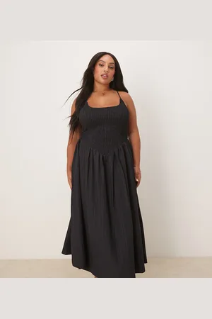 ASOS Vestido largo con cuello ancho y tiras cruzadas en la espalda de tejido rugoso de ASOS DESIGN Curve