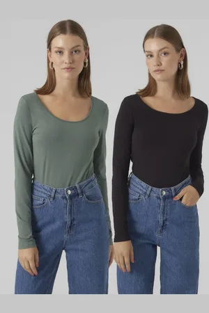 VERO MODA Pack de 2 tops de color verde y negro de manga larga de