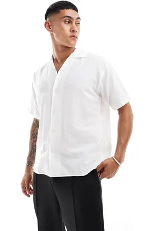 JACK & JONES Camisa blanca con cuello de solapas de mezcla de lino de