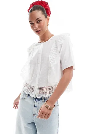 Pieces® Blusa de manga corta con bordado con detalles calados de