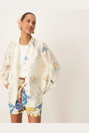 Never Fully Dressed Camisa color holgada con estampado de palmeras de (parte de un conjunto)-Blanco