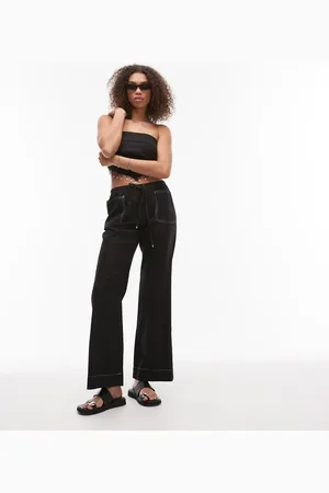 Emory Park Pantalones negros de pernera ancha con cordón ajustable de mezcla de lino de