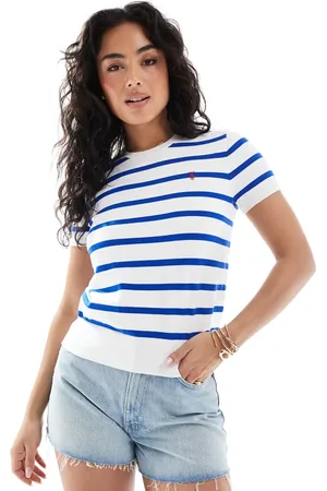Ralph Lauren Top blanco y azul a rayas de manga corta de punto de