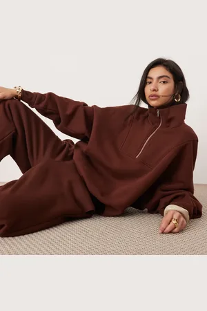 ASOS Sudadera marrón extragrande con media cremallera de tejido grueso premium de