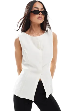 ASOS Chaleco color con cuello barco de mezcla de lino de -Blanco