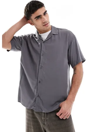 JACK & JONES Camisa gris oscuro de manga corta con cuello de solapas de