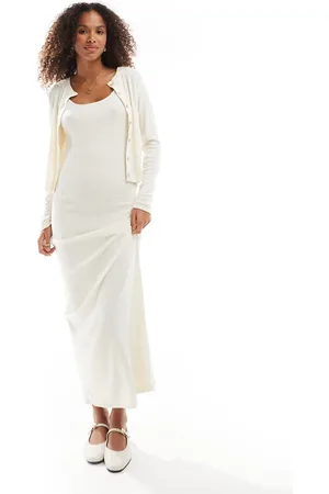 VERO MODA Vestido largo color jaspeado de canalé suave de (parte de un conjunto)-Blanco