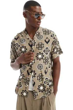 JACK & JONES Camisa beis de manga corta con patrón geométrico y cuello de solapas de -Neutro