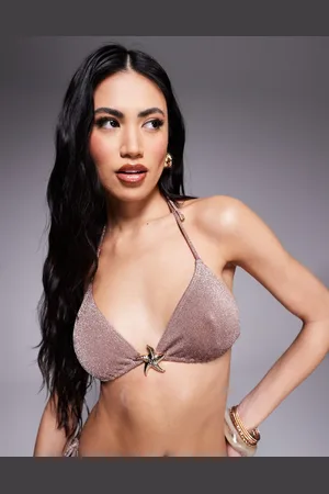 South Beach Top de bikini color topo triangular con cuello halter y acabado efecto purpurina de -Neutro