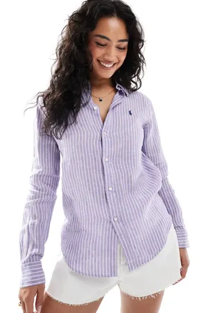 Ralph Lauren Camisa morada y blanca a rayas con logo de lino de -Blanco