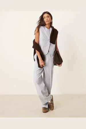 ASOS Pantalones de sastre azules y blancos a rayas de pernera recta de mezcla de lino de (parte de un conjunto)