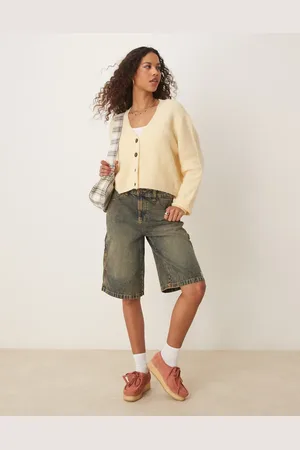 Dickies Pantalones cortos vaqueros azul añil de estilo carpintero y corte alargado con lavado amarillo desgastado de