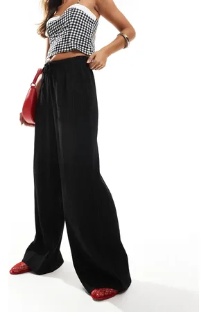 VILA Pantalones negros de pernera ancha con lazada en la cintura de tejido texturizado de