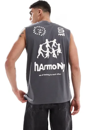 Only & Sons Camiseta gris carbón sin mangas extragrande con estampado trasero "Harmony" de