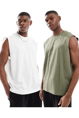ASOS Pack de 2 camisetas de color crema y caqui extragrandes sin mangas de