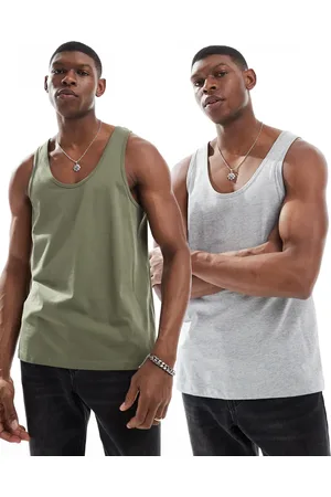ASOS Pack de 2 camisetas de color gris jaspeado y caqui de tirantes de
