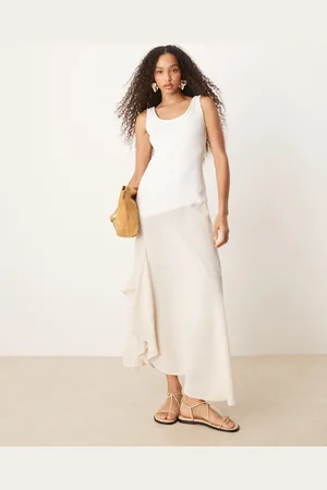 ASOS Vestido midi color con cuello ancho y diseño híbrido de canalé y cupro de