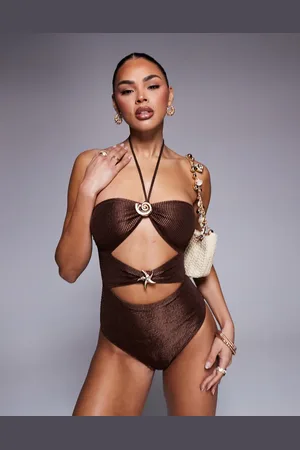 South Beach Trikini marrón con cuello halter de tejido efecto rugoso brillante de